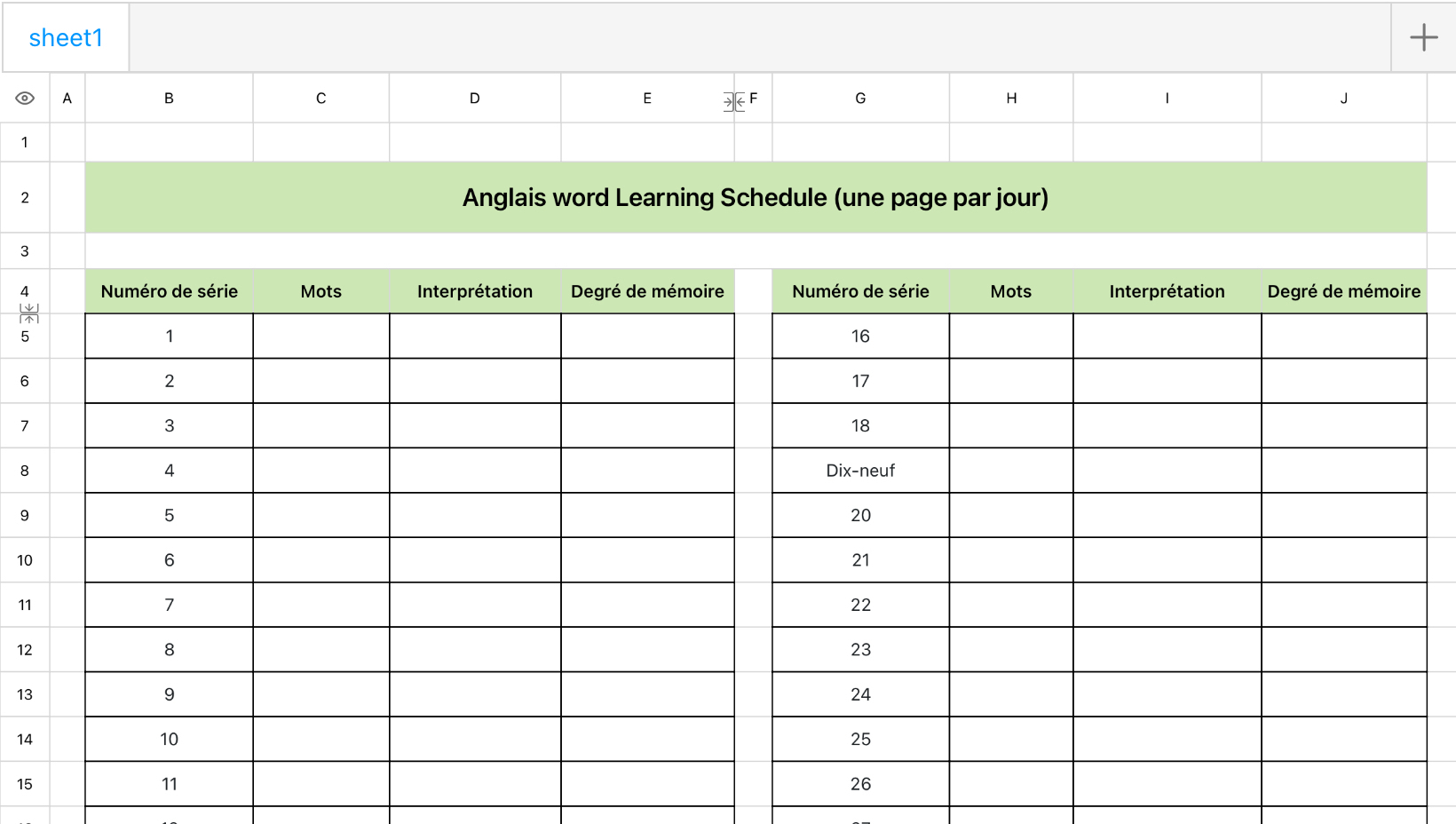 Anglais word Learning Sheet
